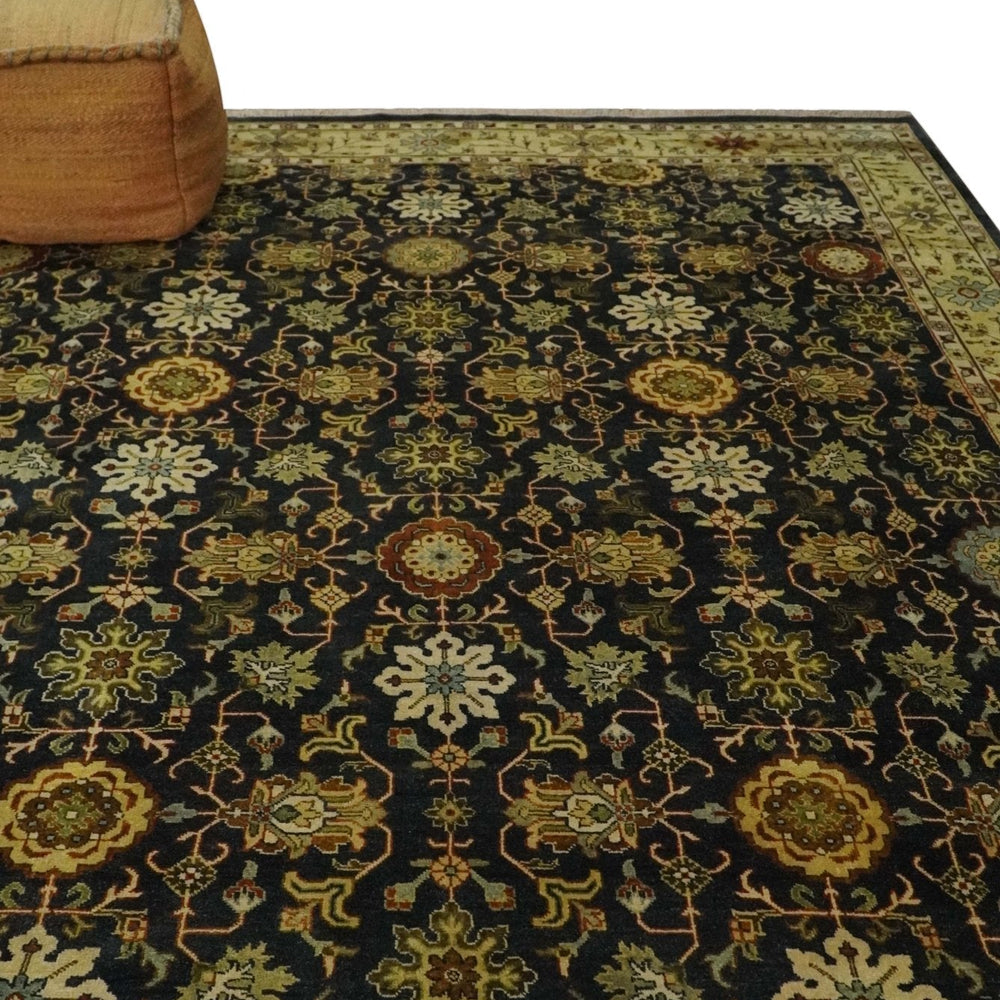 Traditional Floral Vintage Style Black and Olive Hand knotted 8x10 wool area Rug