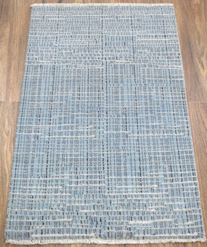 Blue and Ivory Modern Pattern Hand Knotted Wool 2x3 Area Rug