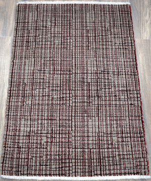 Ivory and Maroon Modern Style Hand Knotted 2x3 Wool Area Rug