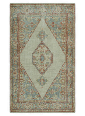 Traditional Heriz Design Beige And Blue Hand Knotted 3x5 Wool Area Rug