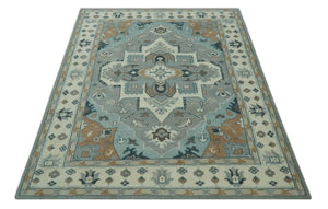 Traditional Heriz Gray and Ivory 7x9 and 8x10 Floral Hand Knotted wool Area Rug
