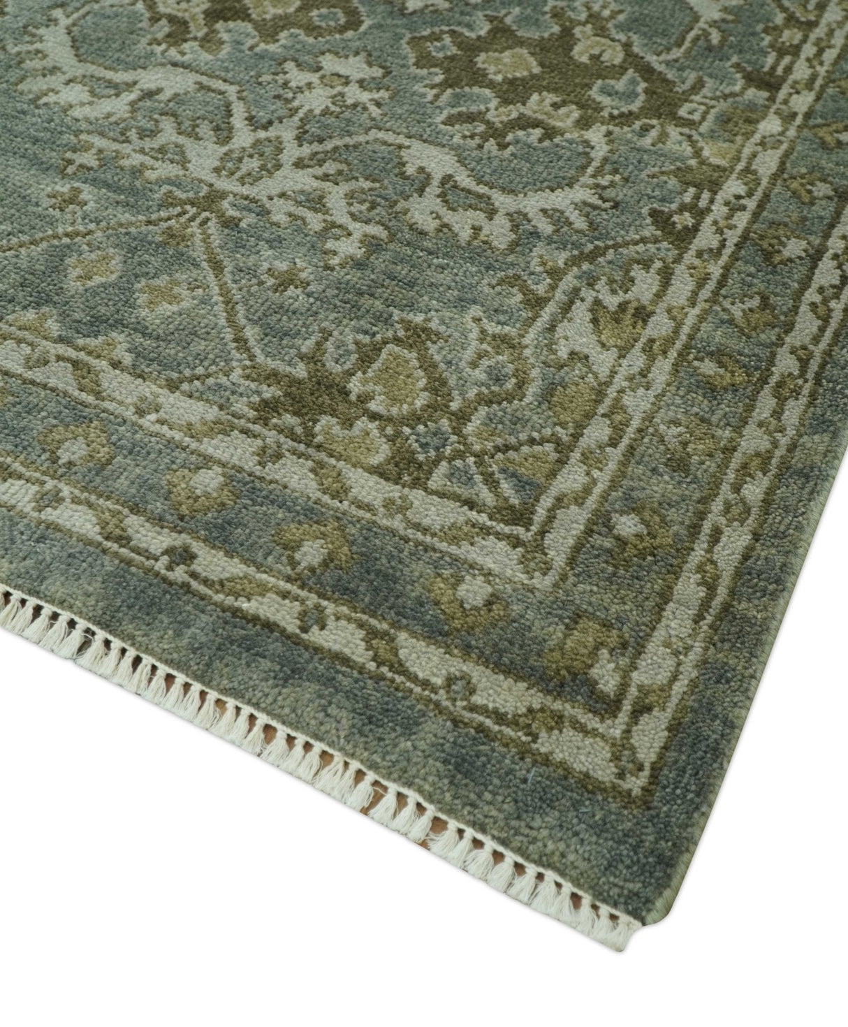 Traditional Ikat large Design Gray, Silver and Olive 8x10 Hand Knotted wool area rug