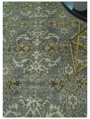 Traditional Ikat large Design Gray, Silver and Olive 8x10 Hand Knotted wool area rug