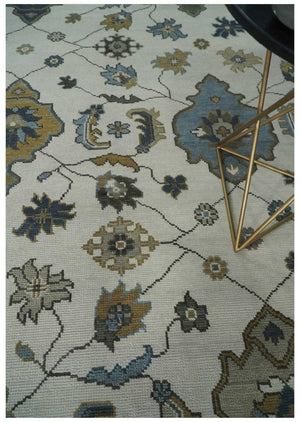 Traditional Ivory and Beige Hand Knotted Oriental Oushak Wool Area Rug
