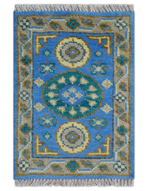Traditional Khotan Design Blue 2x3 Wool Area Rug