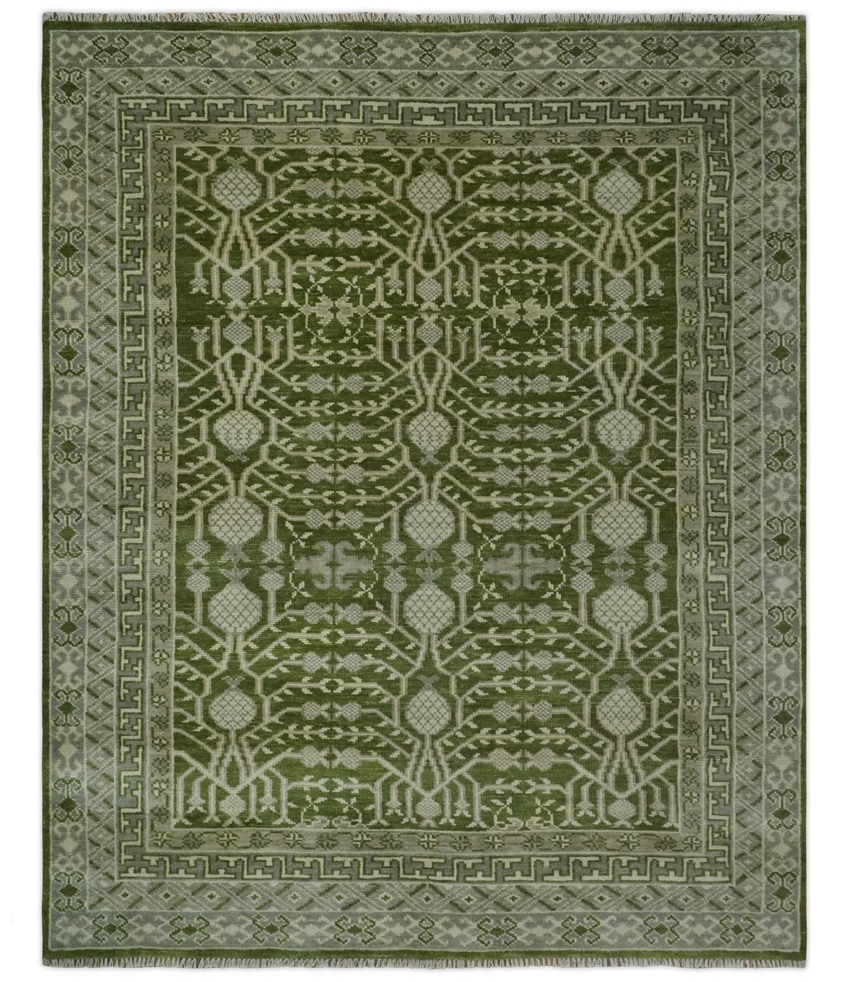 Traditional Khotan Design Hand knotted Green and Ivory 8x10 wool Area Rug