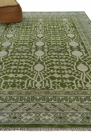 Traditional Khotan Design Hand knotted Green and Ivory 8x10 wool Area Rug