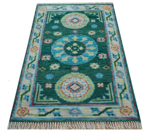 Traditional Khotan Design Teal 3x5 Hand knotted Wool Area Rug