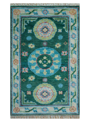 Traditional Khotan Design Teal 3x5 Hand knotted Wool Area Rug