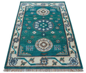 Traditional Khotan Design Teal And Beige Hand knotted 4x6  Wool Area Rug