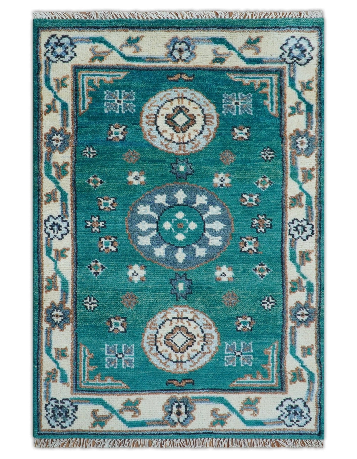 Traditional Khotan Design Teal And Beige Hand knotted 4x6  Wool Area Rug