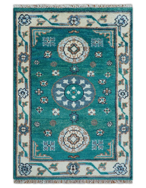 Traditional Khotan Design Teal And Beige Hand knotted 4x6  Wool Area Rug