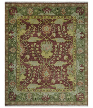 Traditional Maroon, Green and Beige Antique Donegal Design Hand knotted Area Rug