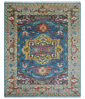 Traditional Medallion Design Blue Hand knotted 8x10 Wool Area Rug