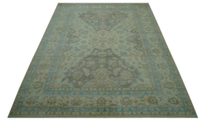 Traditional Oriental Design Blue And Beige Hand Knotted 8.5x11 Wool Area Rug