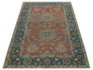 Traditional Oriental Design Fine Rust And Blue Hand Knotted 4x6 Wool Area Rug