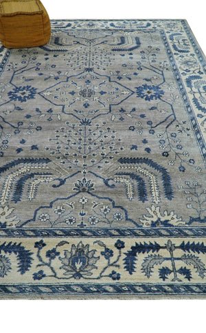 Traditional Oriental Gray And Blue Hand knotted Art Silk Area Rug