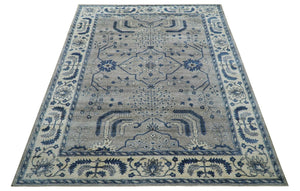 Traditional Oriental Gray And Blue Hand knotted Art Silk Area Rug