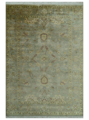 Traditional Oushak Design Antique Green And Brown  6x9 Hand Knotted Wool Rug