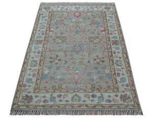 Traditional Oushak Design Beige And Blue 4x6 Hand knotted Wool Area Rug