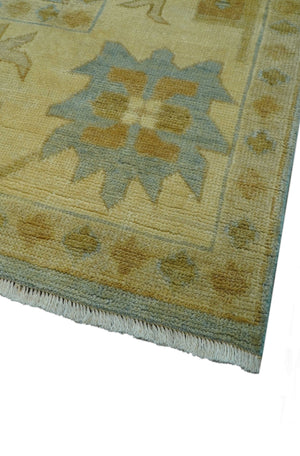 Traditional Oushak Design Beige and Blue Hand Knotted Wool Area Rug