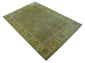 Traditional Oushak Design Beige and Blue Hand Knotted Wool Area Rug