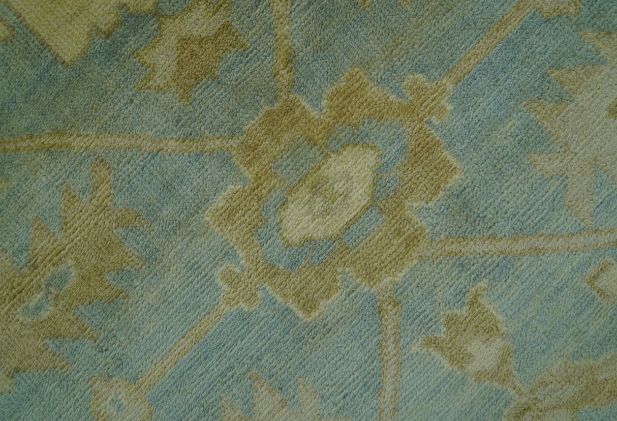 Traditional Oushak Design Beige and Blue Hand Knotted Wool Area Rug