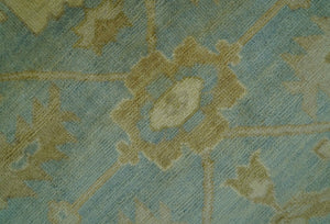Traditional Oushak Design Beige and Blue Hand Knotted Wool Area Rug