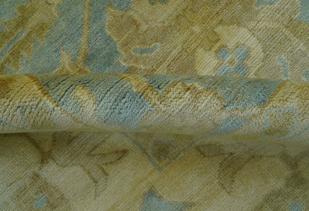Traditional Oushak Design Beige and Blue Hand Knotted Wool Area Rug