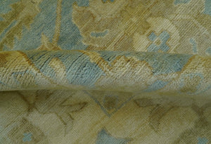 Traditional Oushak Design Beige and Blue Hand Knotted Wool Area Rug