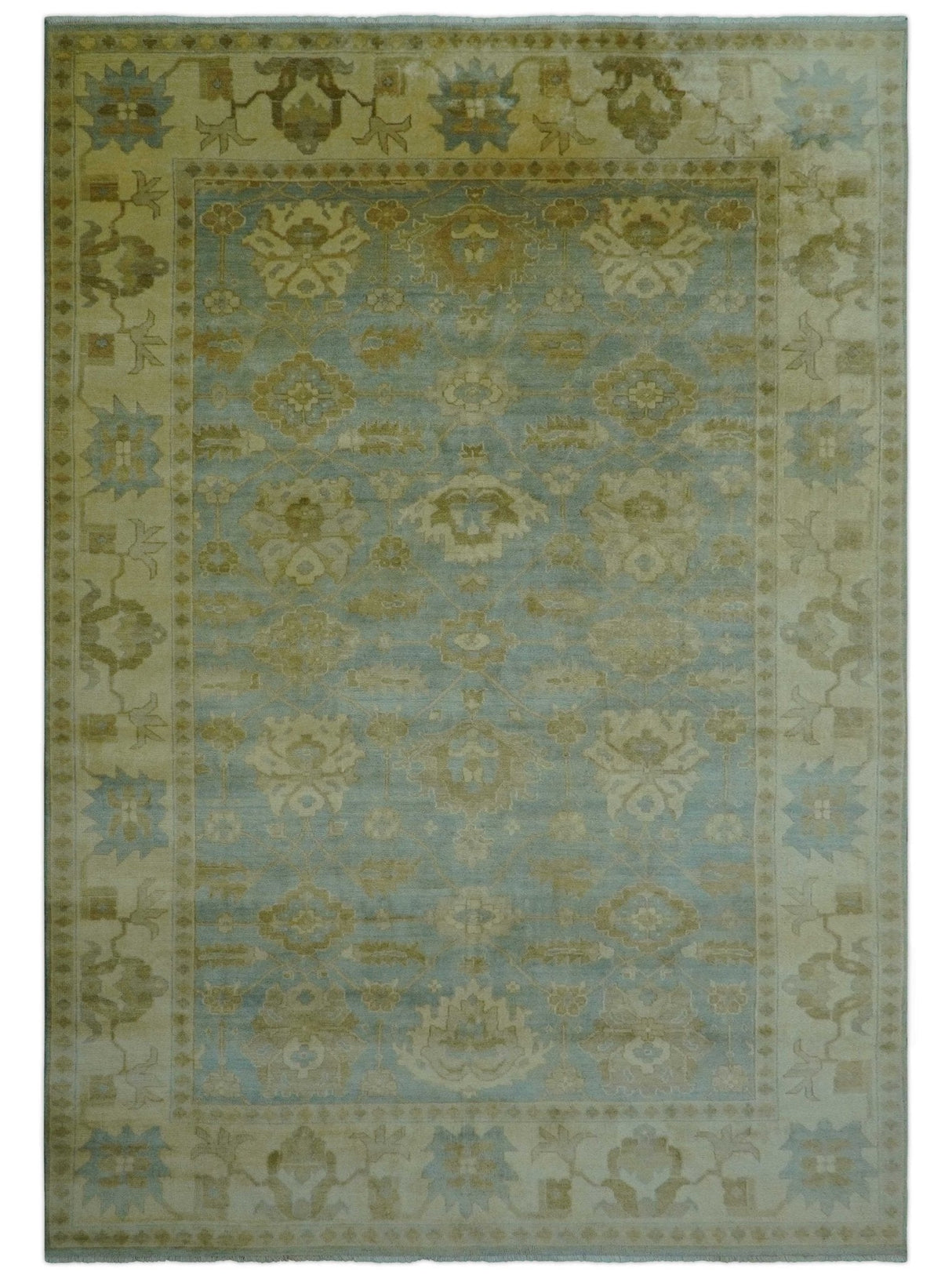 Traditional Oushak Design Beige and Blue Hand Knotted Wool Area Rug