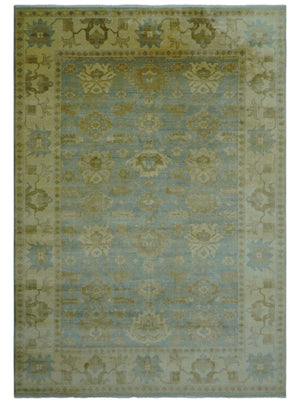 Traditional Oushak Design Beige and Blue Hand Knotted Wool Area Rug