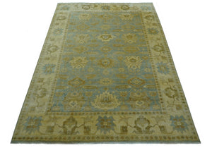 Traditional Oushak Design Beige and Blue Hand Knotted Wool Area Rug
