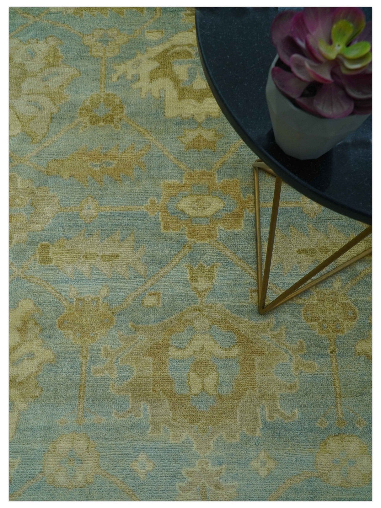 Traditional Oushak Design Beige and Blue Hand Knotted Wool Area Rug