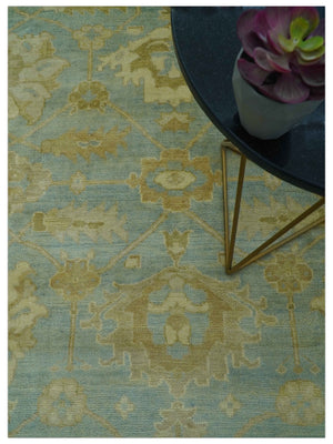 Traditional Oushak Design Beige and Blue Hand Knotted Wool Area Rug