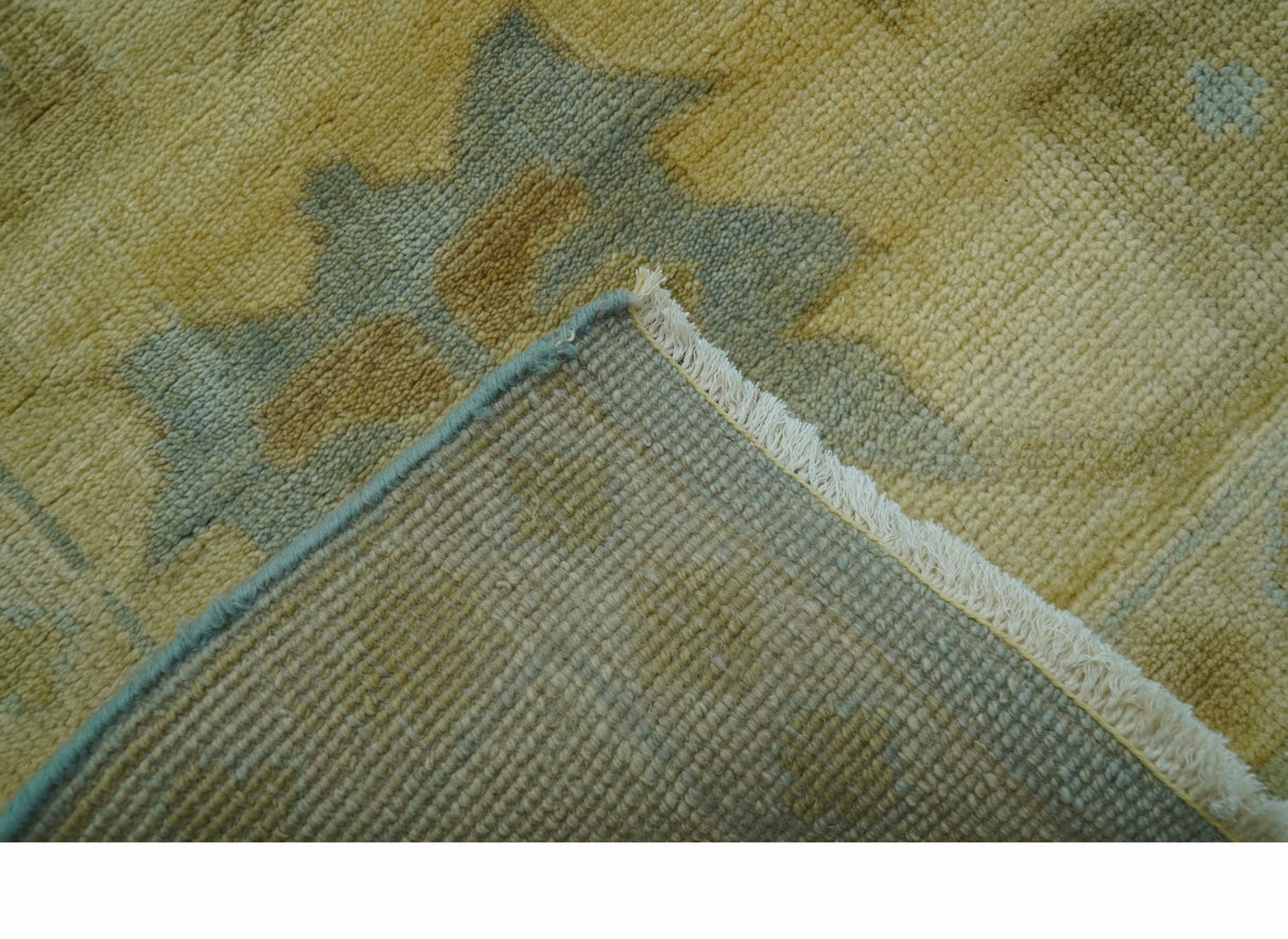 Traditional Oushak Design Beige and Blue Hand Knotted Wool Area Rug