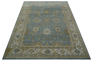 Traditional Oushak Design Blue And Beige 10x14 Hand Knotted Wool Rug