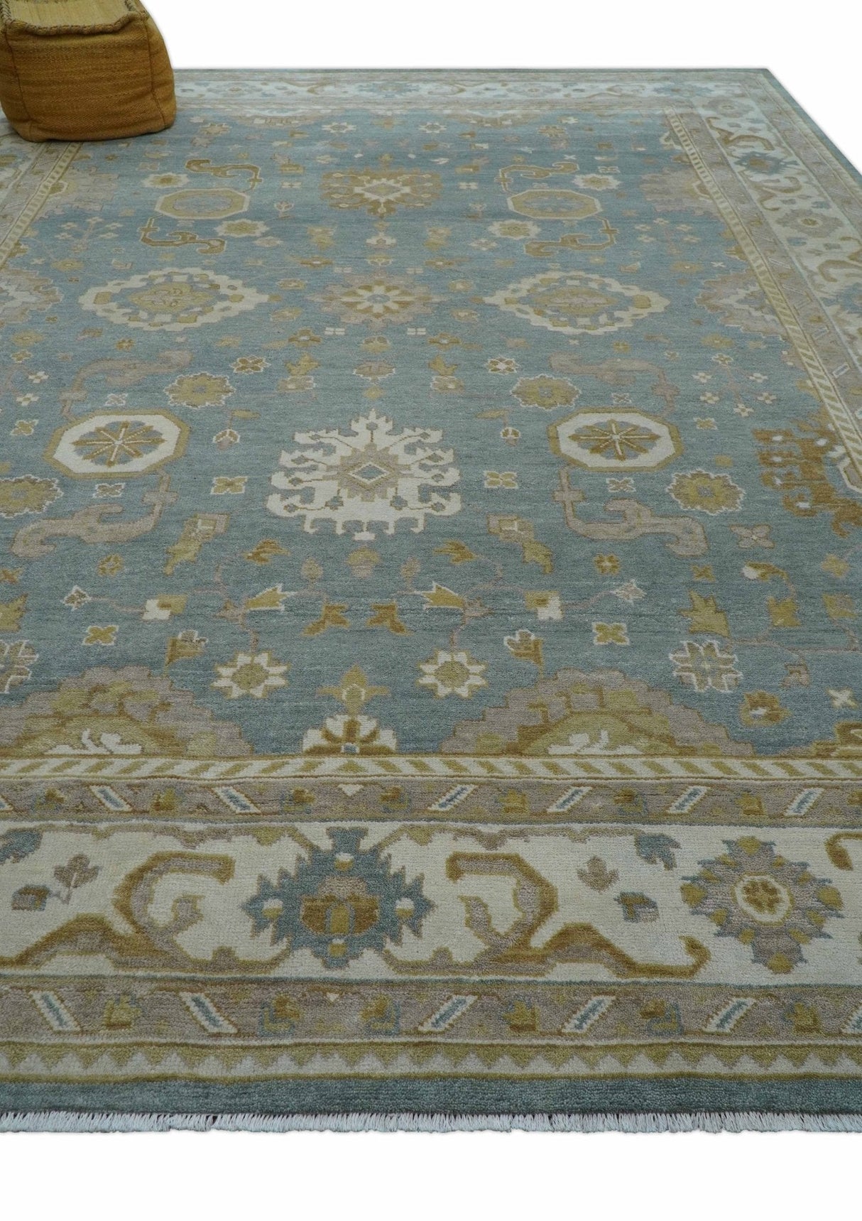 Traditional Oushak Design Blue And Beige 10x14 Hand Knotted Wool Rug