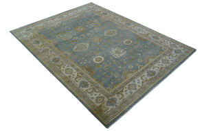 Traditional Oushak Design Blue And Beige 10x14 Hand Knotted Wool Rug