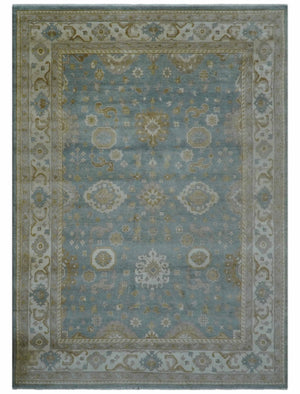 Traditional Oushak Design Blue And Beige 10x14 Hand Knotted Wool Rug