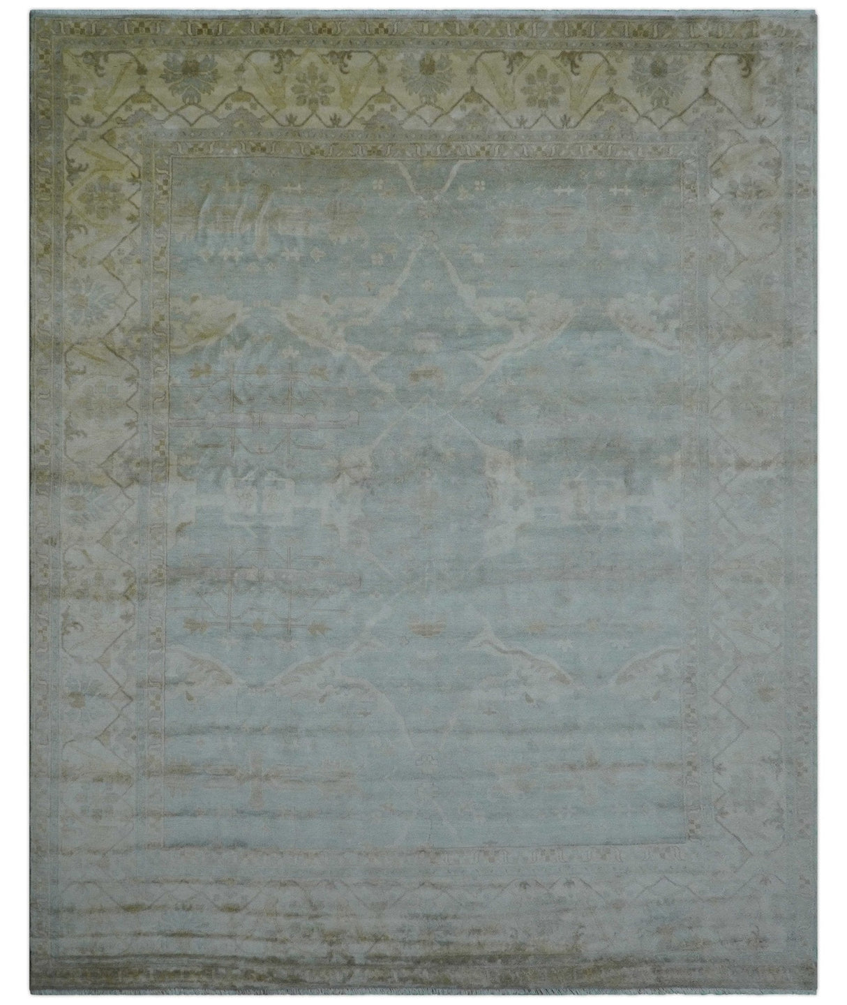 Traditional Oushak Design Blue And Beige 12x15 Hand Knotted Wool Rug