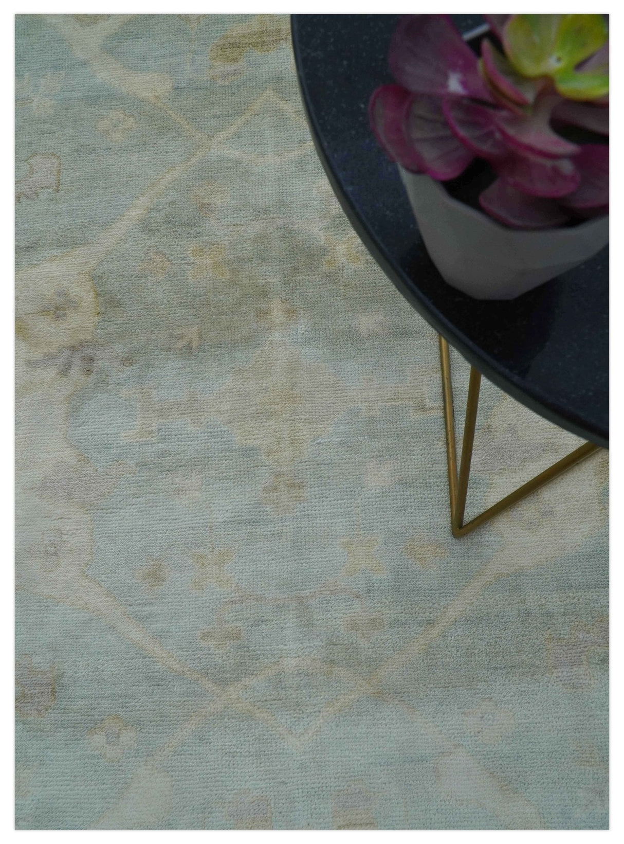 Traditional Oushak Design Blue And Beige 12x15 Hand Knotted Wool Rug