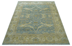 Traditional Oushak Design Blue And Beige Hand Knotted 8x10 Wool Area Rug