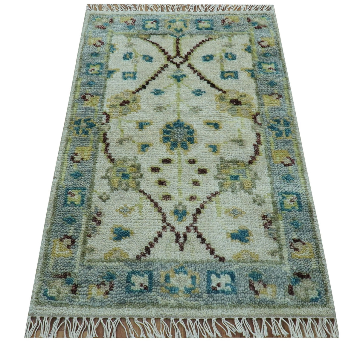 Traditional Oushak Design Blue And Ivory 2x3 Hand knotted Wool Area Rug