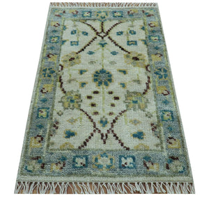 Traditional Oushak Design Blue And Ivory 2x3 Hand knotted Wool Area Rug