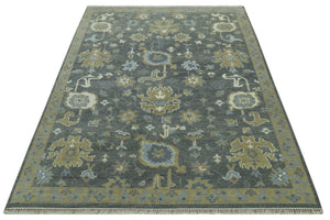 Traditional Oushak Design Charcoal And Camel Hand Knotted Custom Made Wool rug