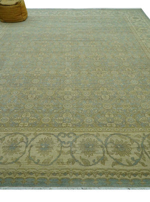 Traditional Oushak Design Green And Blue 11.5x14.6 Hand Knotted Wool Area Rug
