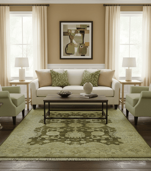 Traditional Oushak Design Olive And Beige Hand Knotted 8x10 Wool Area Rug