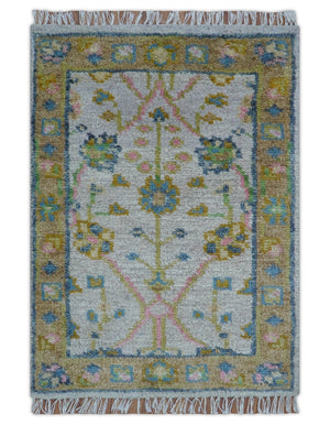 Traditional Oushak Green And Blue 2x3 Hand knotted Wool Rug