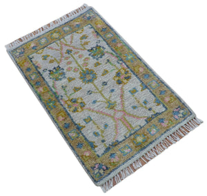 Traditional Oushak Green And Blue 2x3 Hand knotted Wool Rug
